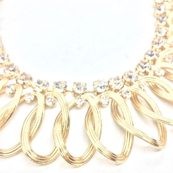 NATASHA RHINESTONE STATEMENT NECKLACE GOLD TONE BLING OVAL CHAIN LINKS - Picture 9 of 11